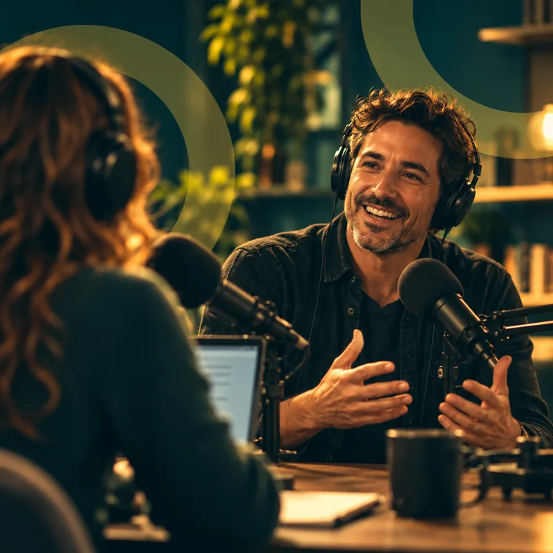 A smiling podcast guest wearing headphones and talking with a host across two microphones in a studio