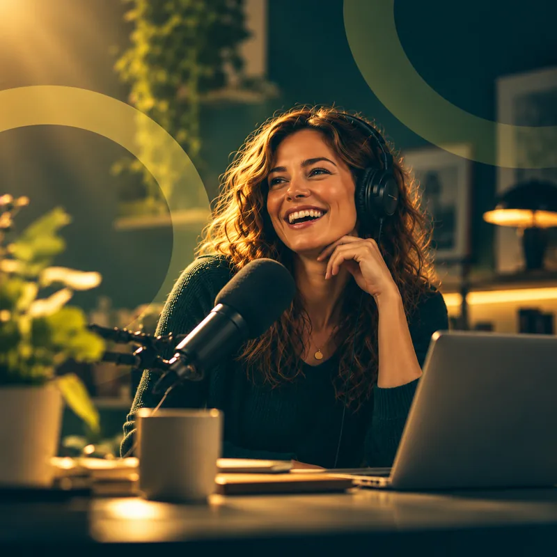 A smiling woman wearing headphones and recording a podcast in a warm studio
